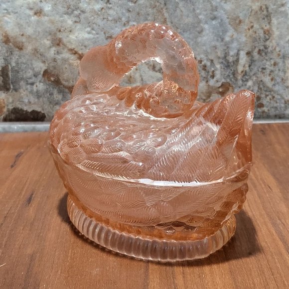 VTG Pink Glass Nesting Swan Covered Trinket Oval Candy Dish Peach Translucent - Picture 13 of 15